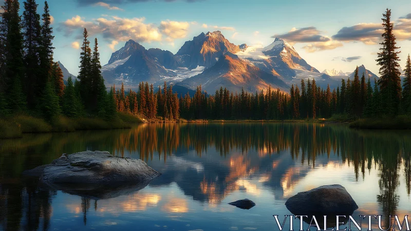Sunlit alpine peaks reflect over tranquil evergreen lake.