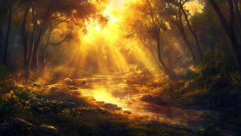Sunlit forest stream glows beneath radiant golden canopy.