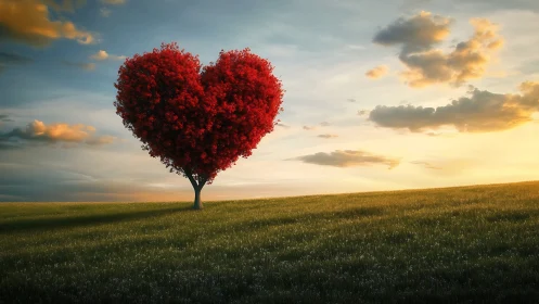 Heart-Shaped Tree Stands Solitary Against Golden Sunset Sky