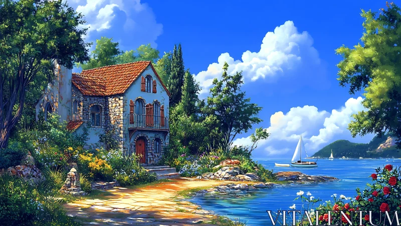 Stone coastal villa with red tile roof rendered in photorealistic digital composition
