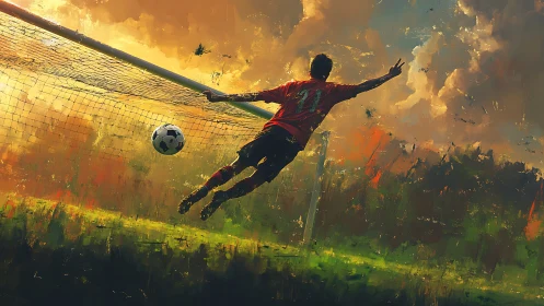 Goalkeeper in blazing sunset dive across painted sky field.
