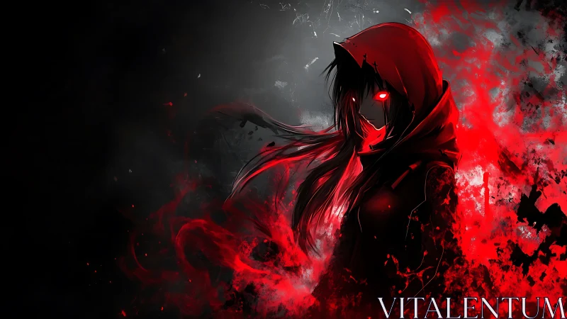 Hooded anime figure with glowing red eyes in dark flames