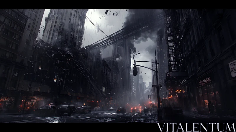 Collapsed urban overpass dominates rain-soaked dystopian streetscape