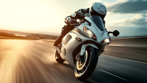 Sport motorcycle leans into high speed curve at sunset.