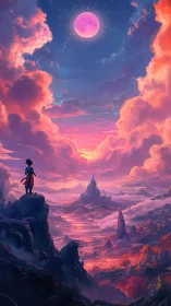 Wanderer gazes toward a violet moon above molten skies.