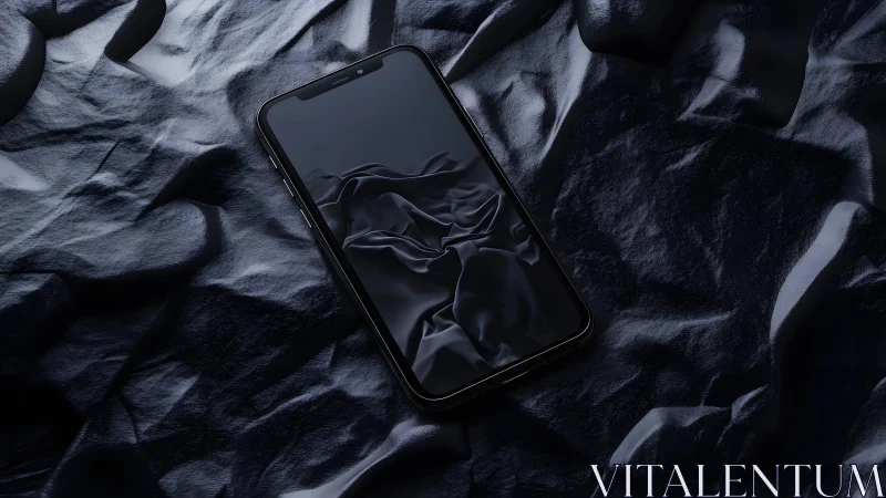 Modern smartphone on crumpled dark satin fabric, moody aesthetic.