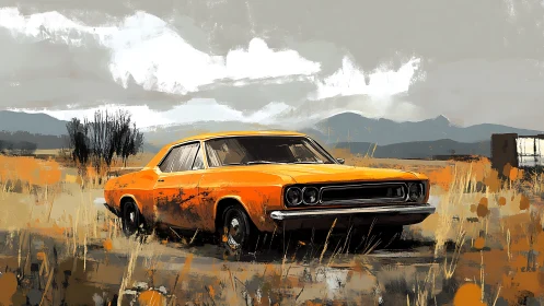 Rust kissed muscle car resting beneath wide open skies.