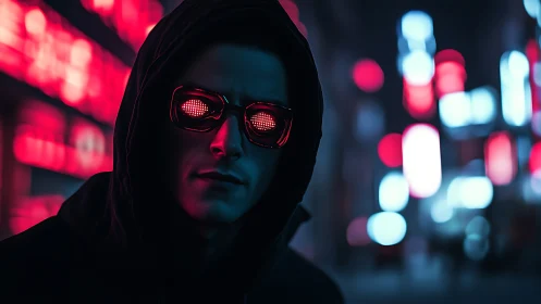 Neon hooded cipher studies the city through glitch-lit lenses