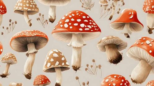 Scientific illustration of fly agaric mushrooms in seamless layout
