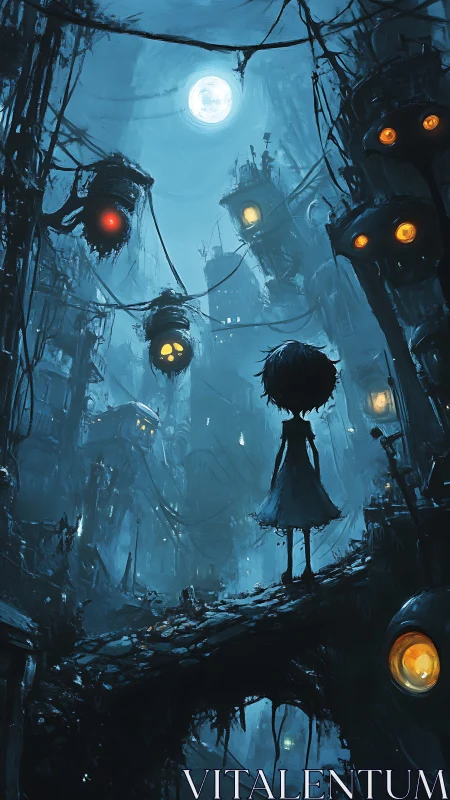 Moonlit child wandering through a curious neon ghost city.