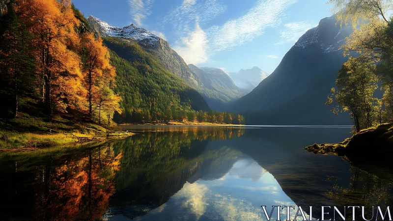 Golden lakeside valley wrapped in calm mountain light.