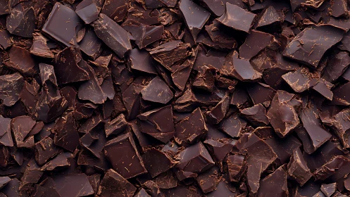 Broken dark chocolate shards filling full frame closely.