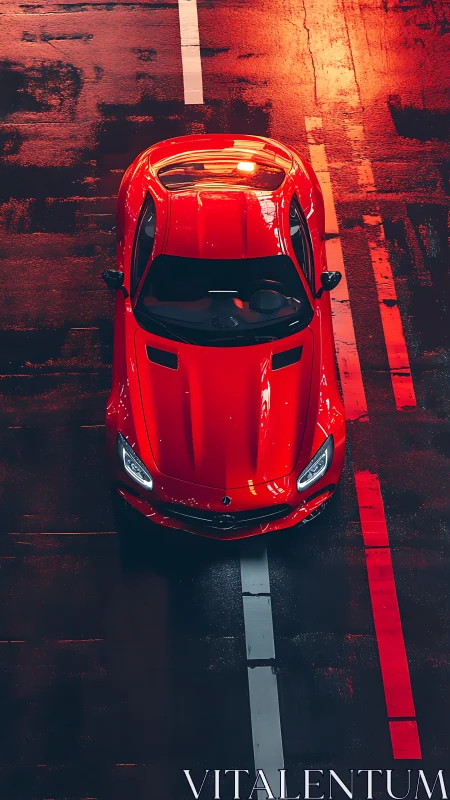Red sports car on wet road under warm urban lights.