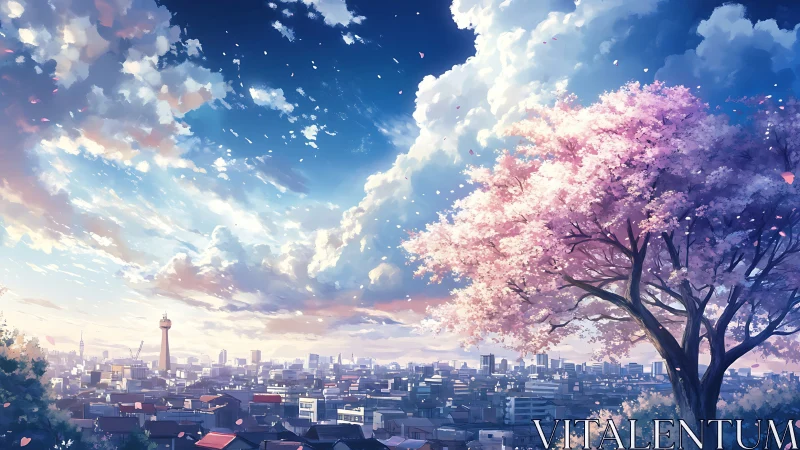 Sakura tree overlooks sunlit city under expansive clouds.