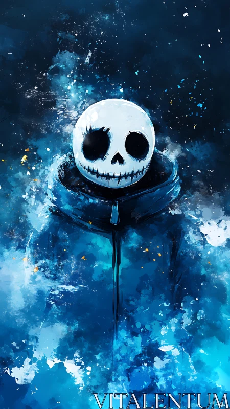 Skull-headed figure in blue abstract digital mist.