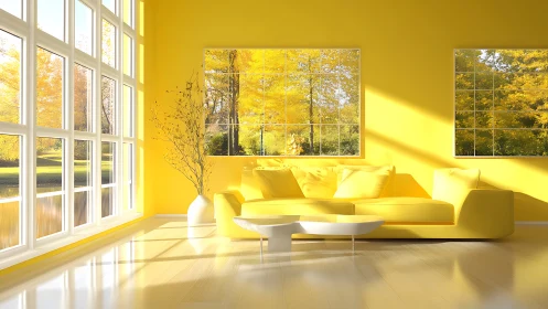 Yellow living room with sofa, low table and autumn view.