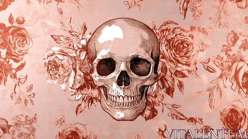 Human skull illustration is centered over floral patterned ground