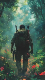 Lone ranger strides through neon-lit jungle of quiet danger.