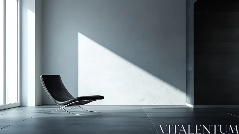 Minimalist Interior with Black Lounge Chair and Dramatic Sunlight.