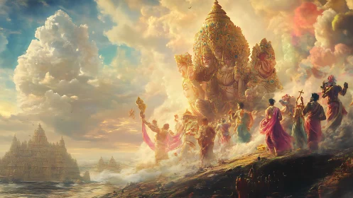 Colossal multi-headed deity ascends above processional devotees
