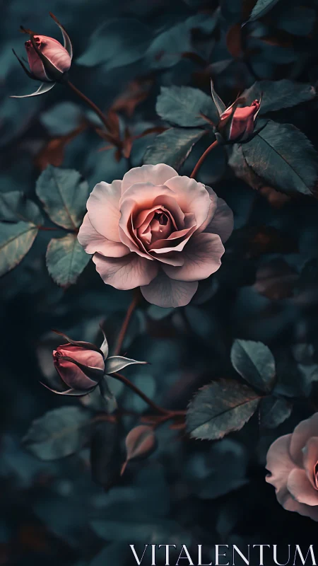 Moody Rose Garden with Blooming Petals.