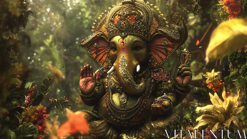 Ornate Ganesha statue seated in dense tropical foliage.