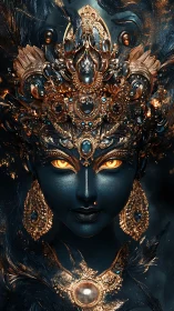 Ornate dark celestial goddess portrait with molten gold diadem