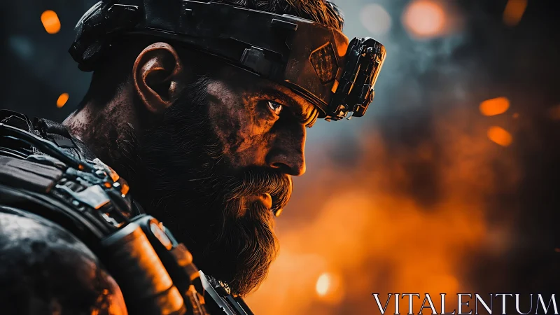 Ember-lit soldier carves focus from the roaring battlefield haze