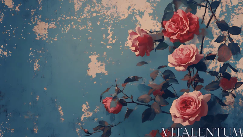 Romantic Roses Dancing on Weathered Blue Canvas.