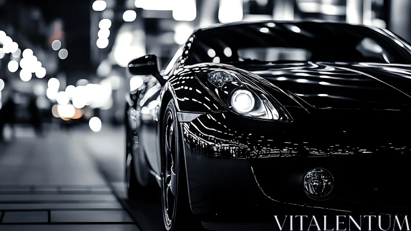 Black sports car on urban street at night in close view.