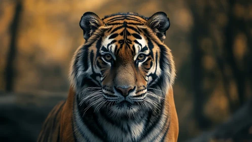 Front-facing tiger portrait in warm forest environment.
