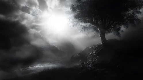 Solitary tree crowns misty hillside under blinding backlight