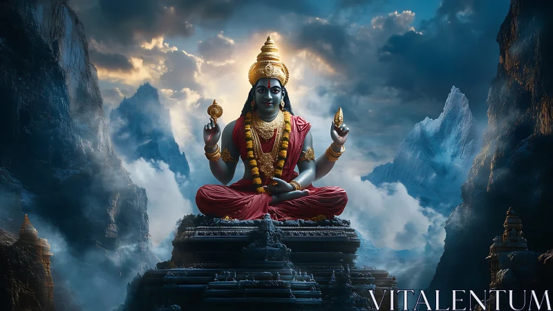 Digital depiction shows seated deity figure amid mountain landscape