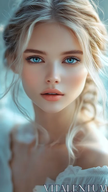 Rendered close-up portrait depicts young woman with blue eyes