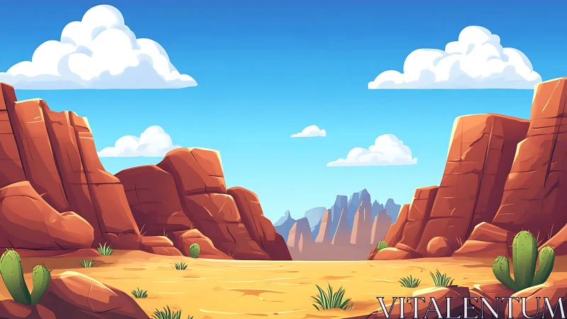 Cartoon desert canyon with rocky cliffs and cacti.