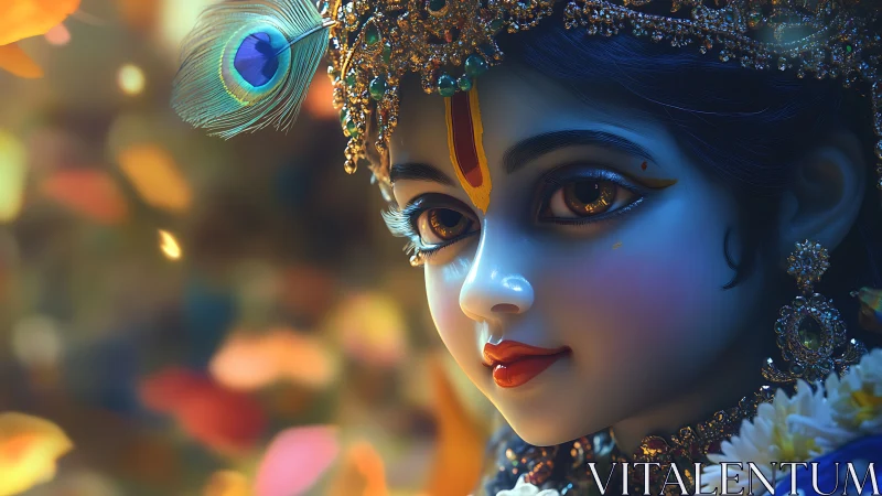 Divine blue portrait glows amid warm, ethereal bokeh light