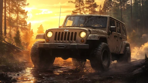 Sunset forest trail ride with a mud-splashed off road Jeep.