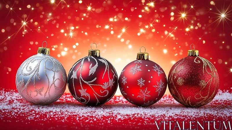 Red and silver Christmas baubles on snowy surface.