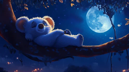 Koala sleeps on tree branch under bright full moon at night