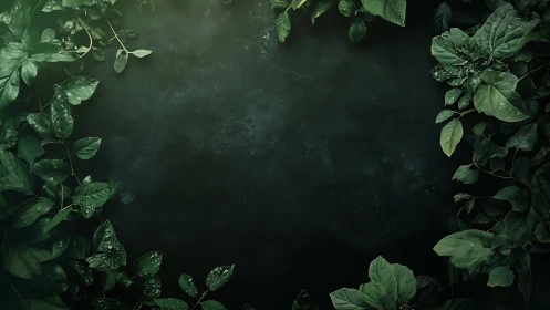 Symmetric foliage frame encircling dark textured void surface.