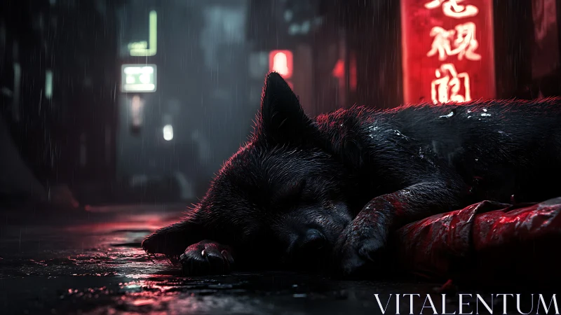 Black dog resting on wet neon street in urban night scene.