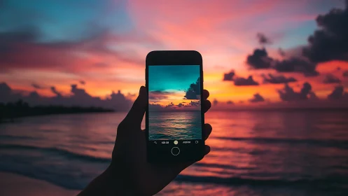 Smartphone framing vivid ocean sunset under dramatic clouds