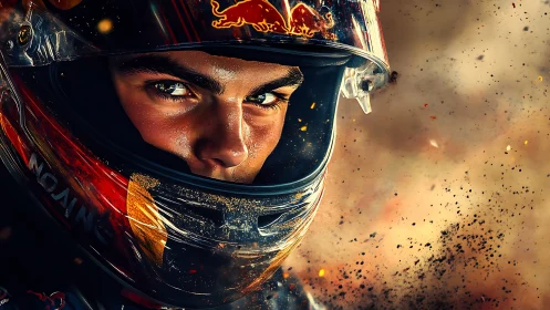 Close-up view isolates helmeted driver amid flying particles