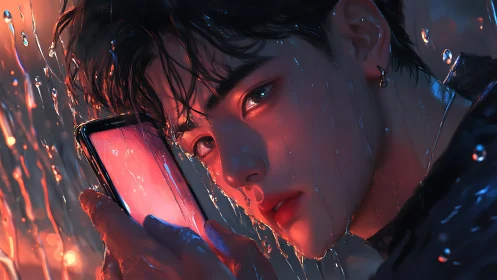 Rainlit gaze and neon phone glow in stormy digital night.