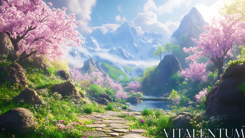 Springlit mountain path humming beneath cherry clouds.