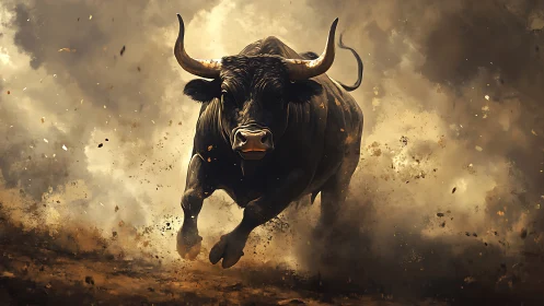 Powerful black bull charges through swirling dust storm.