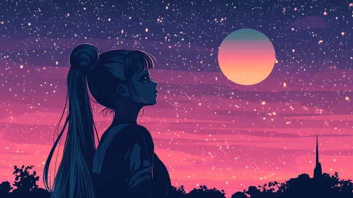 Anime silhouette under neon dusk sky with celestial gradient moon.