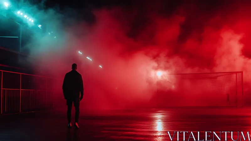 Backlit football silhouettes in red atmospheric stadium haze.