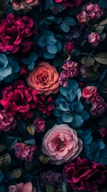 Botanical Chromatic Study: Stratified Floral Arrangement with Magenta-Teal Contrast.