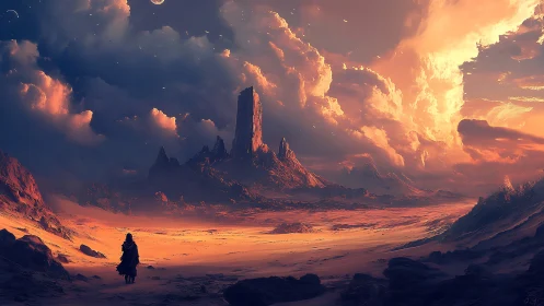 Solitary cloaked figure crosses arid plain toward vertical mesa